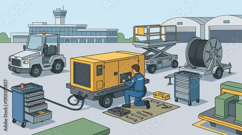 Isometric Illustration of an Aircraft Mechanic Repairing a Power Generator on an Airport Tarmac, Industrial Maintenance and Aviation Ground Support Equipment Services