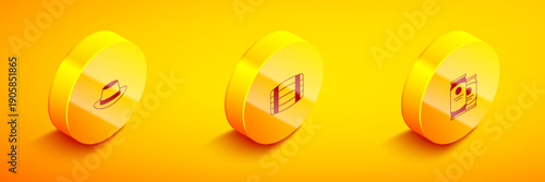 Set Isometric Oktoberfest hat, Wooden barrel and Beer can icon. Vector