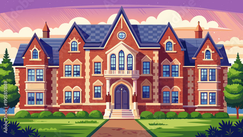 Very beautiful brick student residence featuring Gothic architectural elements, bay windows, and stone detailing, reflecting classic collegiate housing design and the timeless atmosphere of American u