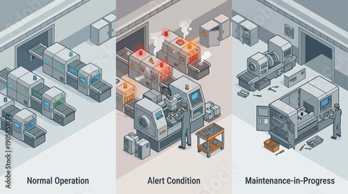 Isometric Factory Production Line Maintenance Infographic Showing Normal Operation, Alert Warning, and Repair Service. Industrial Automation Troubleshooting and Equipment Repair Illustration.