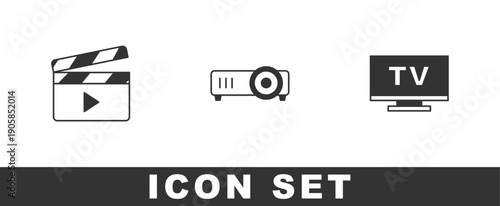 Set Movie clapper, Movie, film, media projector and Smart Tv icon. Vector