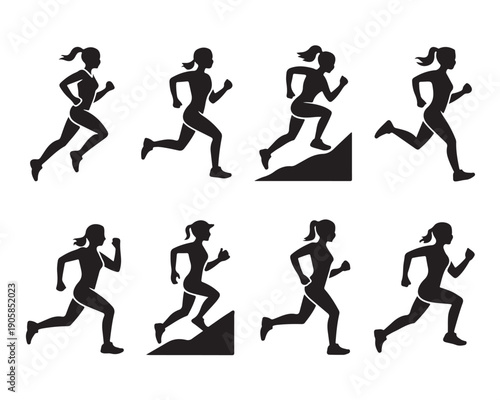 Female runner silhouettes performing various athletic poses including sprinting jogging climbing hill and running outdoors for fitness health icons