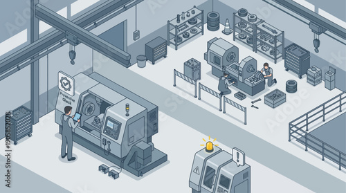 Isometric Industrial Illustration of Technicians Performing Preventive Maintenance and Repairs on CNC Machinery in a Modern Factory Workshop, Technical Service and Engineering Concept