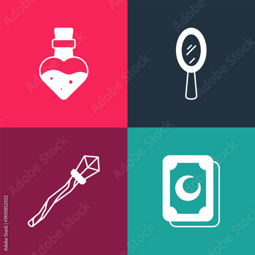 Set pop art Tarot cards, Magic staff, hand mirror and Bottle with potion icon. Vector