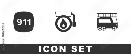 Set Emergency call 911, Ringing alarm bell and Fire truck icon. Vector