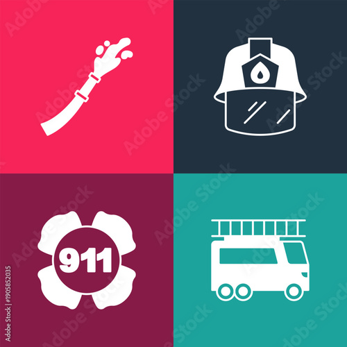 Set pop art Fire truck, Emergency call 911, Firefighter helmet and hose reel icon. Vector