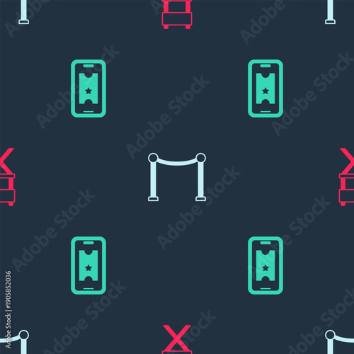 Set Director movie chair, Rope barrier and Buy cinema ticket online on seamless pattern. Vector