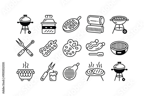 Collection of hand-drawn barbecue and grilling icons for outdoor cooking and summer parties.