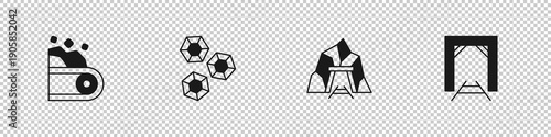 Set Conveyor belt carrying coal, Gem stone, Mine entrance and icon. Vector