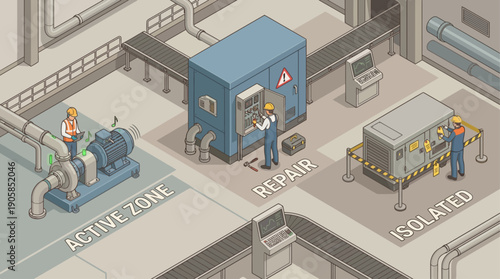 Isometric Industrial Maintenance Illustration showing Factory Engineers Repairing Machinery, Predictive Monitoring, and Safety Protocols for Equipment Isolation and Workplace Service