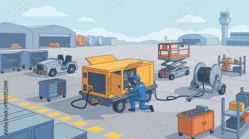 Isometric Airport Ground Support Equipment Maintenance with Technician Repairing Mobile Power Generator Unit on Tarmac, Aviation Industrial Service and Technical Support Illustration