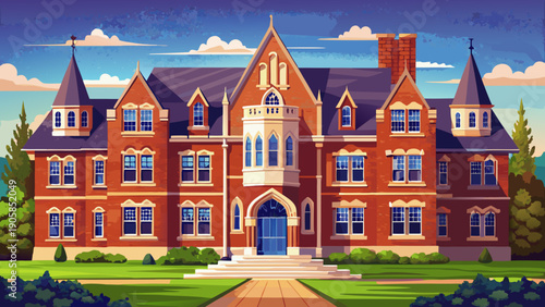 Very beautiful brick student residence featuring Gothic architectural elements, bay windows, and stone detailing, reflecting classic collegiate housing design and the timeless atmosphere of American u