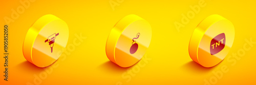 Set Isometric Construction jackhammer, Bomb and Dynamite icon. Vector
