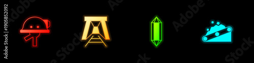 Set Miner helmet, entrance, Gem stone and Conveyor belt carrying coal icon. Vector