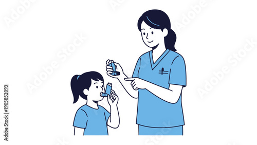 Asthma Care Guidance: A caregiver shows child the proper way to use an asthma inhaler, highlighting the importance of respiratory health
