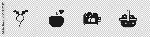 Set Radish, Apple, Cutting board with vegetables and Basket and food icon. Vector