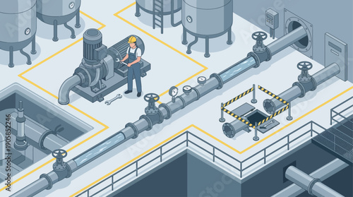 Isometric Industrial Maintenance Illustration of a Technician Repairing Factory Pipelines and Water Pump System. Professional Manufacturing Infrastructure and Engineering Concept.