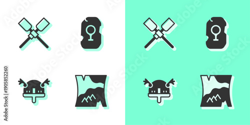 Set Folded map, Oars or paddles boat, Viking in horned helmet and Magic rune icon. Vector
