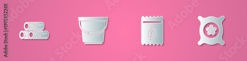 Set paper cut Wooden logs, Bucket, Pack full of seeds of plant and icon. Paper art style. Vector