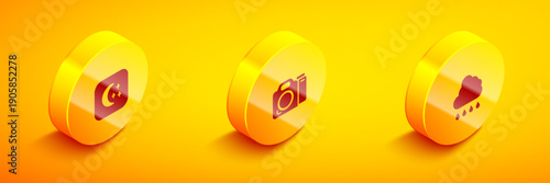 Set Isometric Moon and stars, Photo camera and Cloud with rain icon. Vector