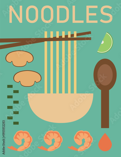 Illustration with bowl of red curry udon. Vector illustration with noodles, mushrooms, shrimps, lime and green onions.