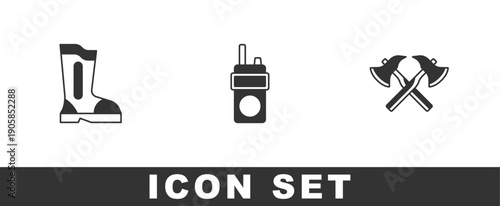 Set Fire boots, Walkie talkie and Firefighter axe icon. Vector