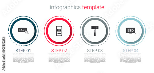 Set Price tag with Sale, Online auction, Auction hammer and . Business infographic template. Vector