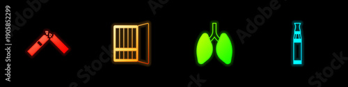 Set Broken cigarette, Cigarette case, Lungs and Electronic icon. Vector