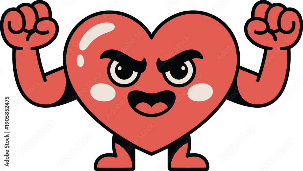 Obraz premium Angry red heart character flexing muscles cartoon