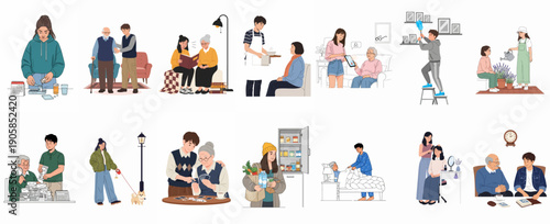 Intergenerational caregiving bundle: illustrations of young adults assisting seniors with daily activities, chores, companionship, and health management.