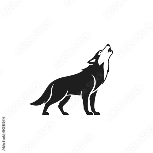 A stylized black silhouette of a wolf howling at the moon, depicted on a white background.