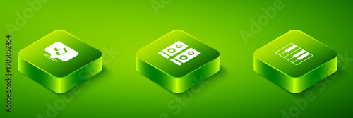 Set Isometric Stereo speaker, Music synthesizer and note, tone icon. Vector