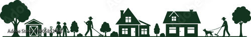 Green silhouette illustration of neighborhood homes trees people and dog on leash outside
