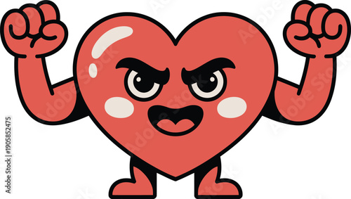 Angry red heart character flexing muscles cartoon