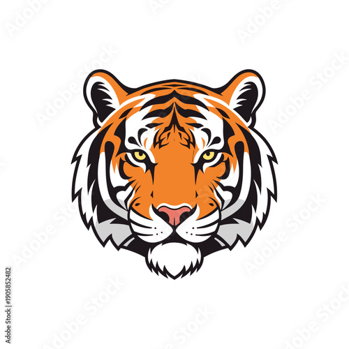 A striking illustration of a tiger's face with intense yellow eyes and black stripes.