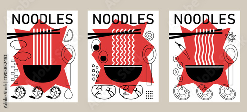 Asian poster set featuring different tipe of noodles. Hand drawn vector illustrations in black, white and red.
