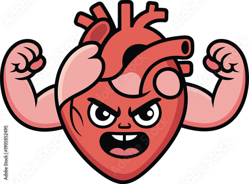 Angry red heart with flexed arms and aggressive expression cartoon muscular