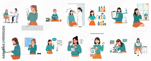 Skincare and Dermatology Concept Illustrations: Consultation, Product Research, Self-Care Routine, and Skin Health Education Vector Set.