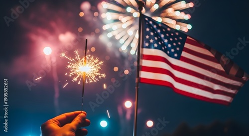 Vibrant fireworks display beside a waving american flag at night