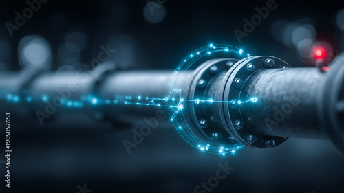 Industrial pipeline with digital overlay representing smart infrastructure monitoring and predictive maintenance.
