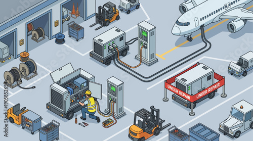 Isometric Aircraft Maintenance Hangar with Engineer Repairing Power Generator, Airport Ground Support Equipment, Airplane Service, and Industrial Logistics Vector Illustration
