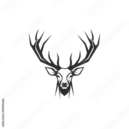 A striking black and white illustration of a majestic deer head with large, intricate antlers, facing directly forward.
