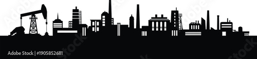 Industrial city skyline with oil pumpjack and various buildings silhouette  urban landscape