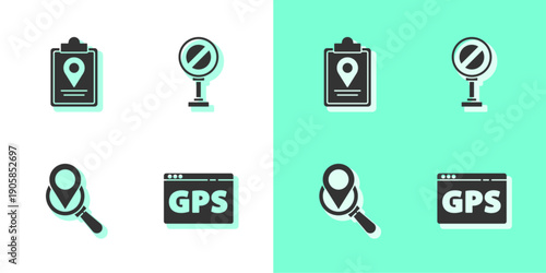 Set Gps device with map, Folded location marker, Search and Stop sign icon. Vector