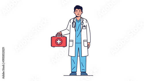 Medical Professional with First Aid Kit: A confident healthcare professional stands ready, holding a prominent first aid kit, embodying expertise and readiness in medical care.