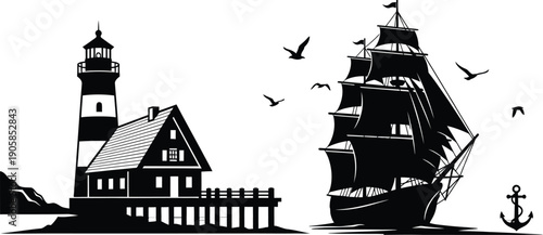 Lighthouse house pier ship sailing sea anchor birds flying coastal scenery nautical scene