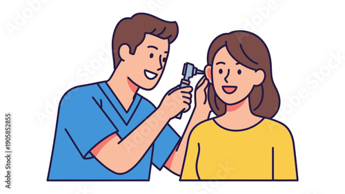 Medical Checkup: A skilled practitioner, uses an otoscope for a patient's ear exam, during a routine medical checkup. A snapshot of modern healthcare.