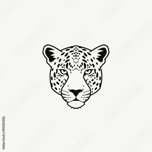 A black and white minimalist illustration of a leopard's head, facing forward with a serious expression.