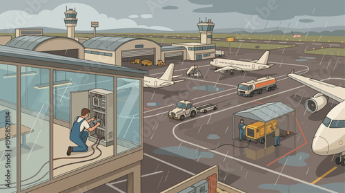 Isometric Airport Maintenance Vector Illustration with Electrician Repairing Control Panel, Aviation Ground Support and Logistics Infrastructure in Rainy Weather