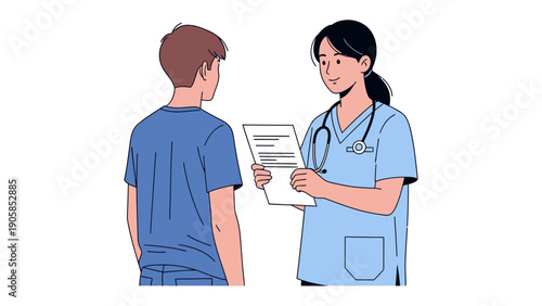 Doctor's Consultation: A doctor, stethoscope in place, discusses a patient's medical history, emphasizing empathy, care, and the importance of well-being.